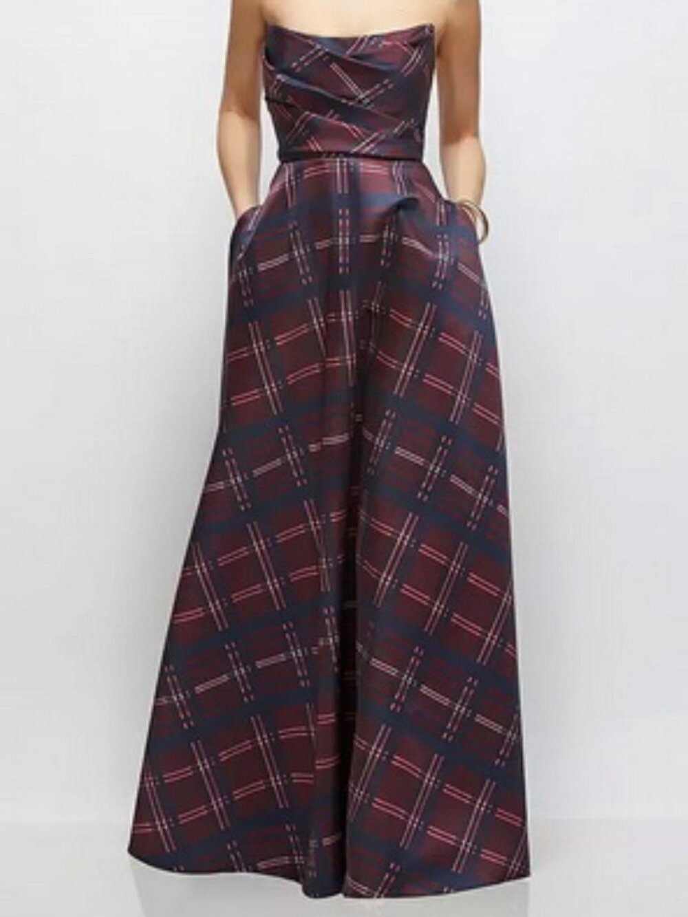 Dessy Collection Cabernet Midnight Tartan Strapless Gown 3171ATR
